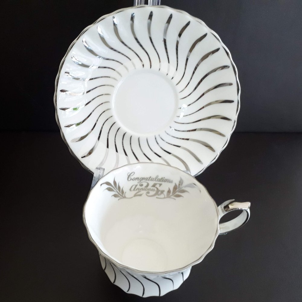 Stunning ! Vintage Queen Anne 25th Anniversary Silver teacup and saucer